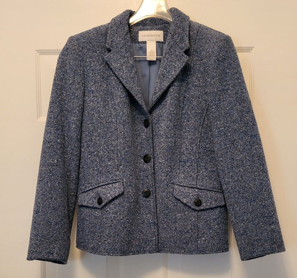 Vintage Liz Claiborne Blue Tweed Fitted Jacket Blazer Size M